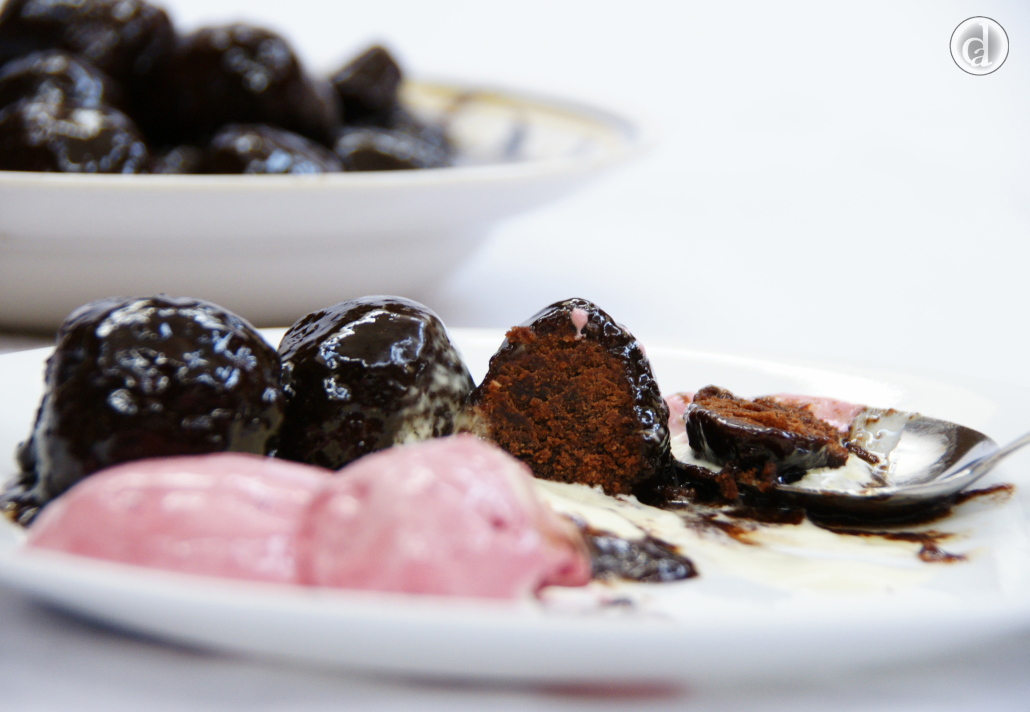 Choccy Dumplings with cream & Raspberry Freeze